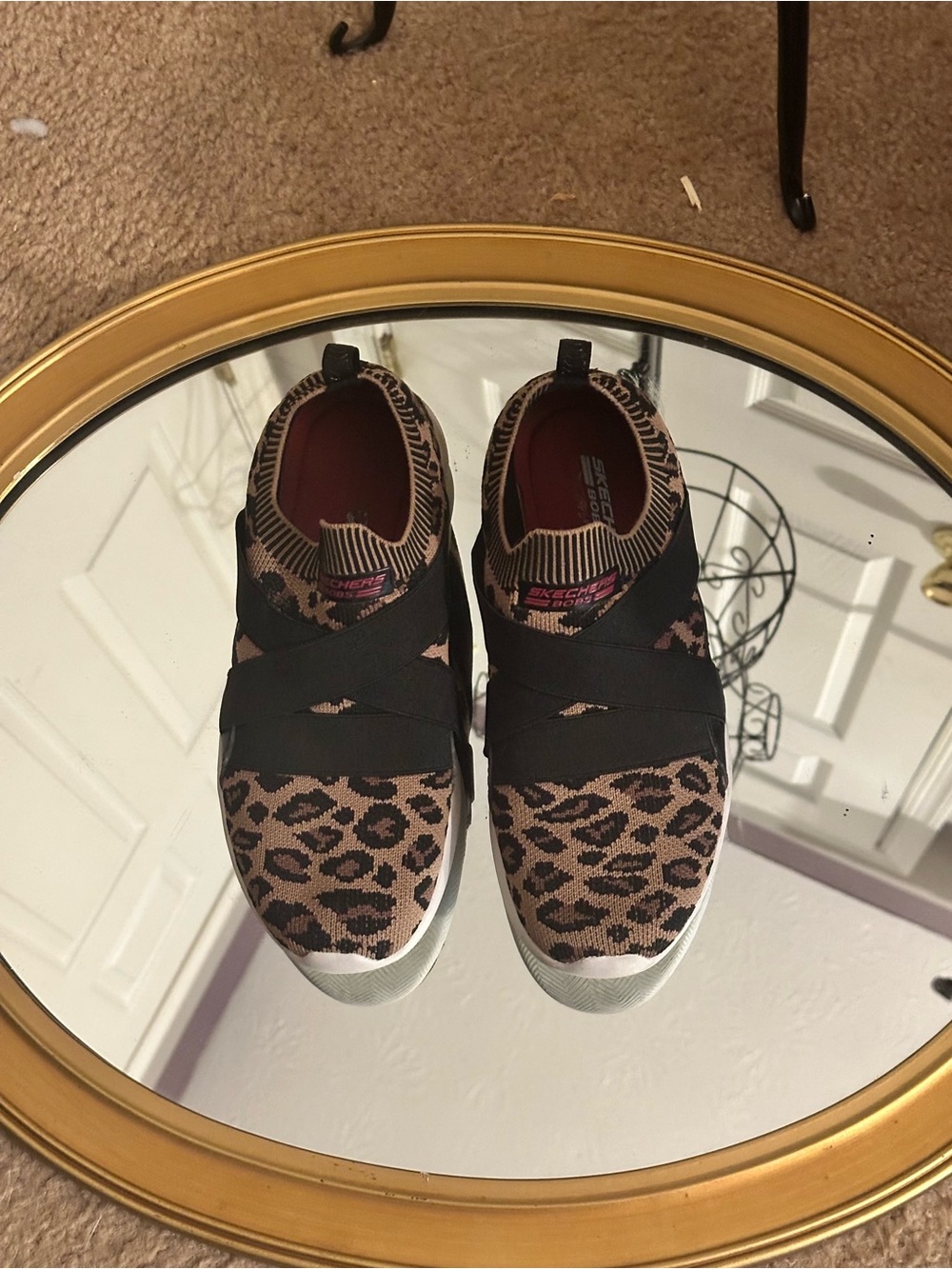 Skechers Slip-On Leopard Knit Athletic Sneakers - Tan/Black - Picture 3 of 7